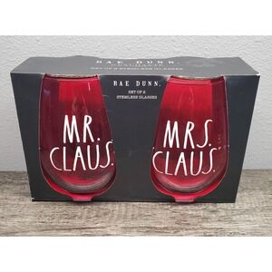 Rae Dunn Red Stemless Glasses Mr. & Mrs. Santa Claus Christmas Holiday NEW